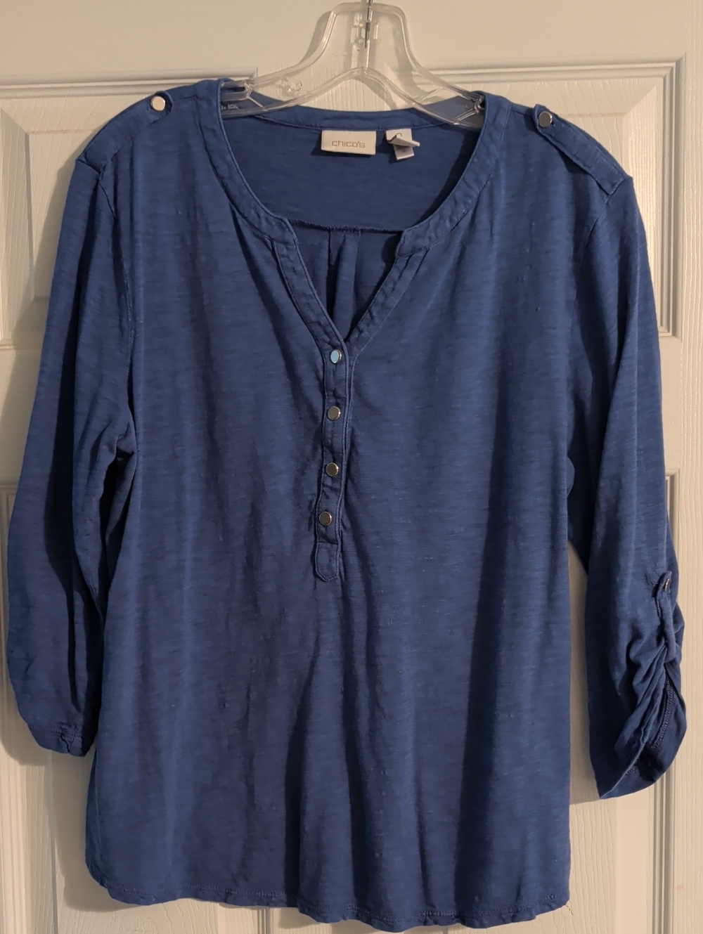 Chico's Indigo Blue Roll-Tab Henley Top